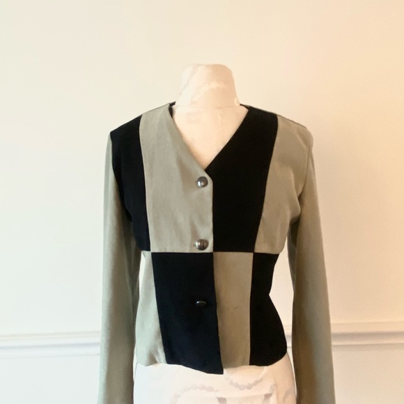 Vintage Y2K black & green patchwork cropped suede light jacket - Picture 6 of 7
